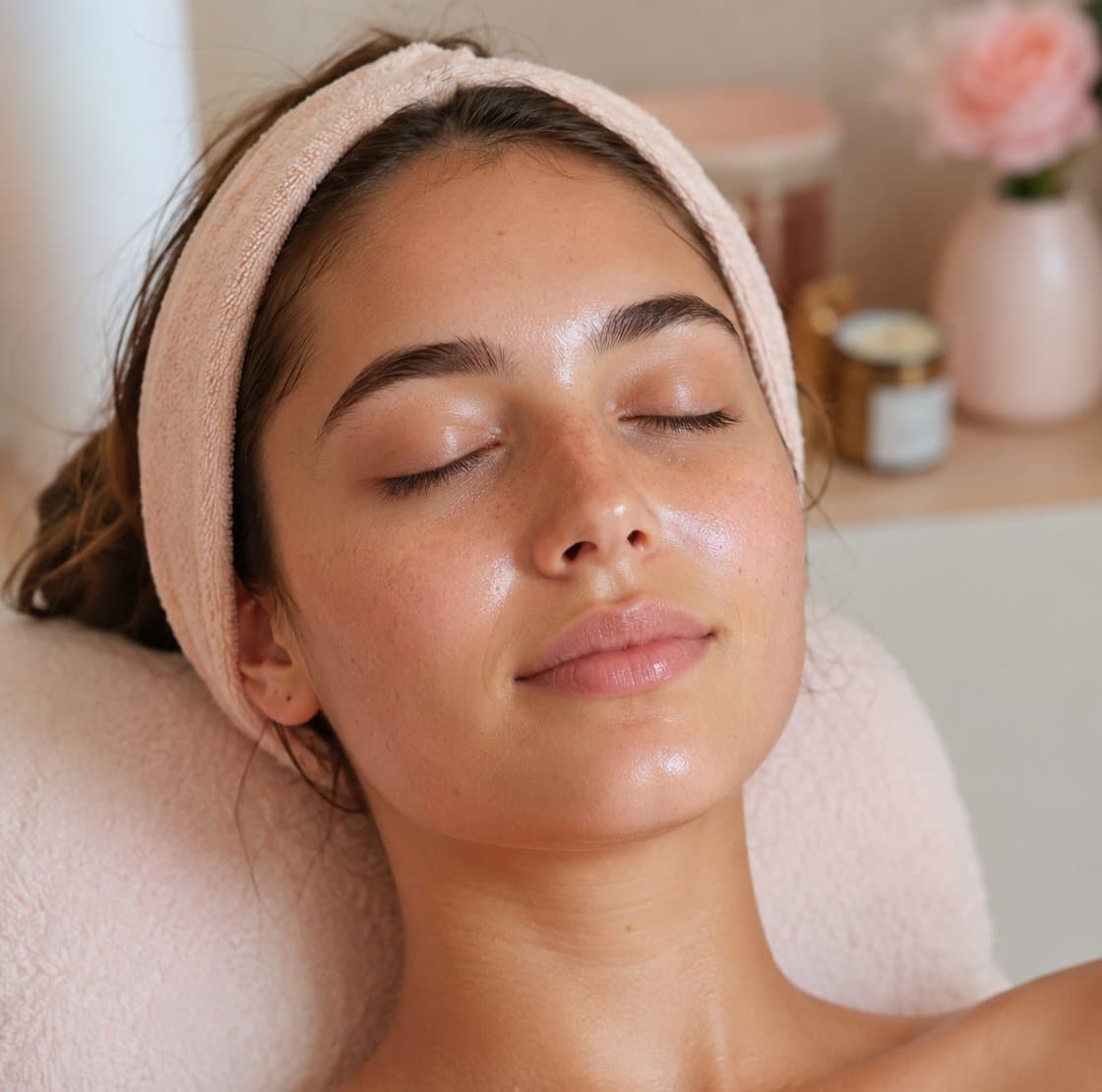 A woman relaxing during a facial with fresh, glowing skin