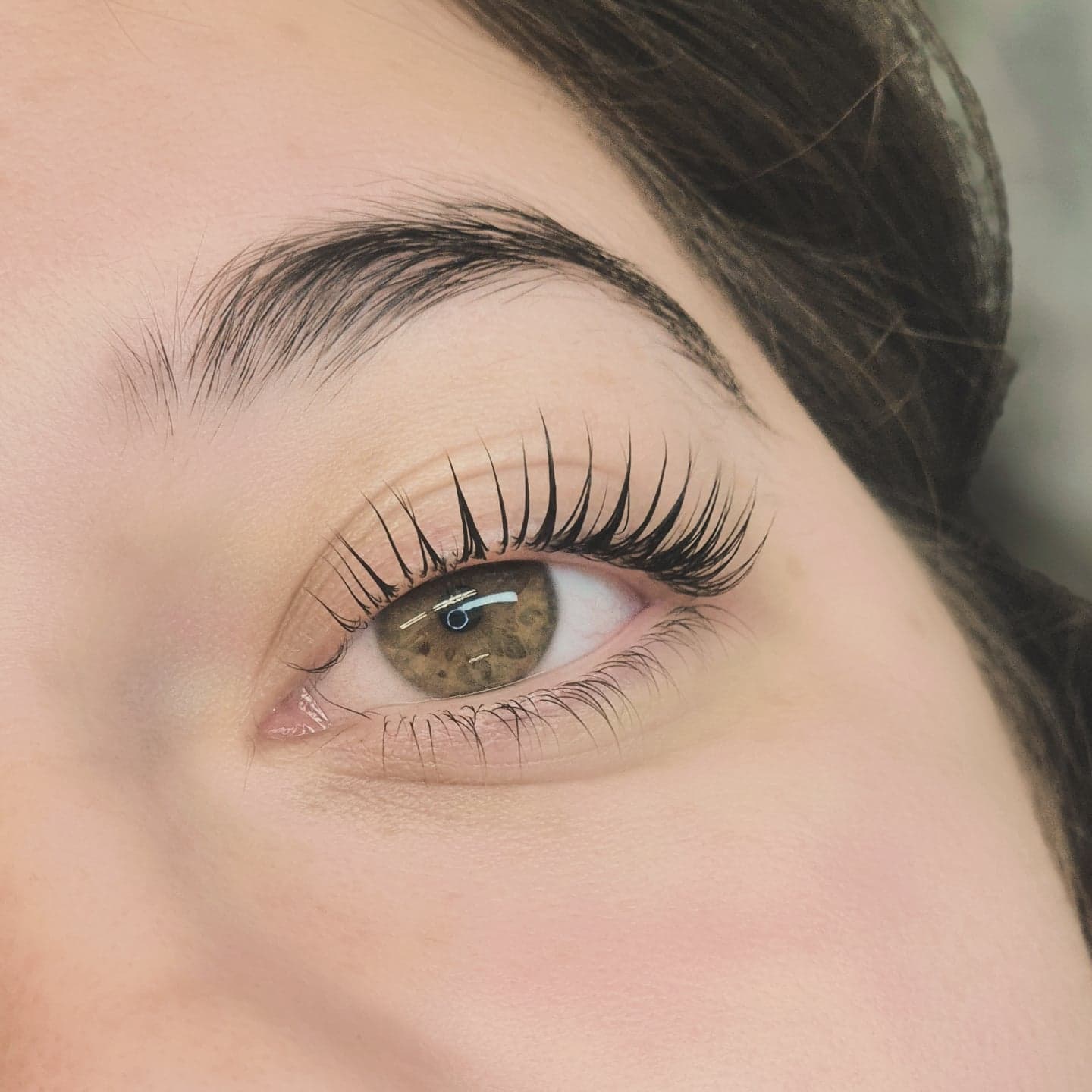 Soft natural lash extensions on a brown eye