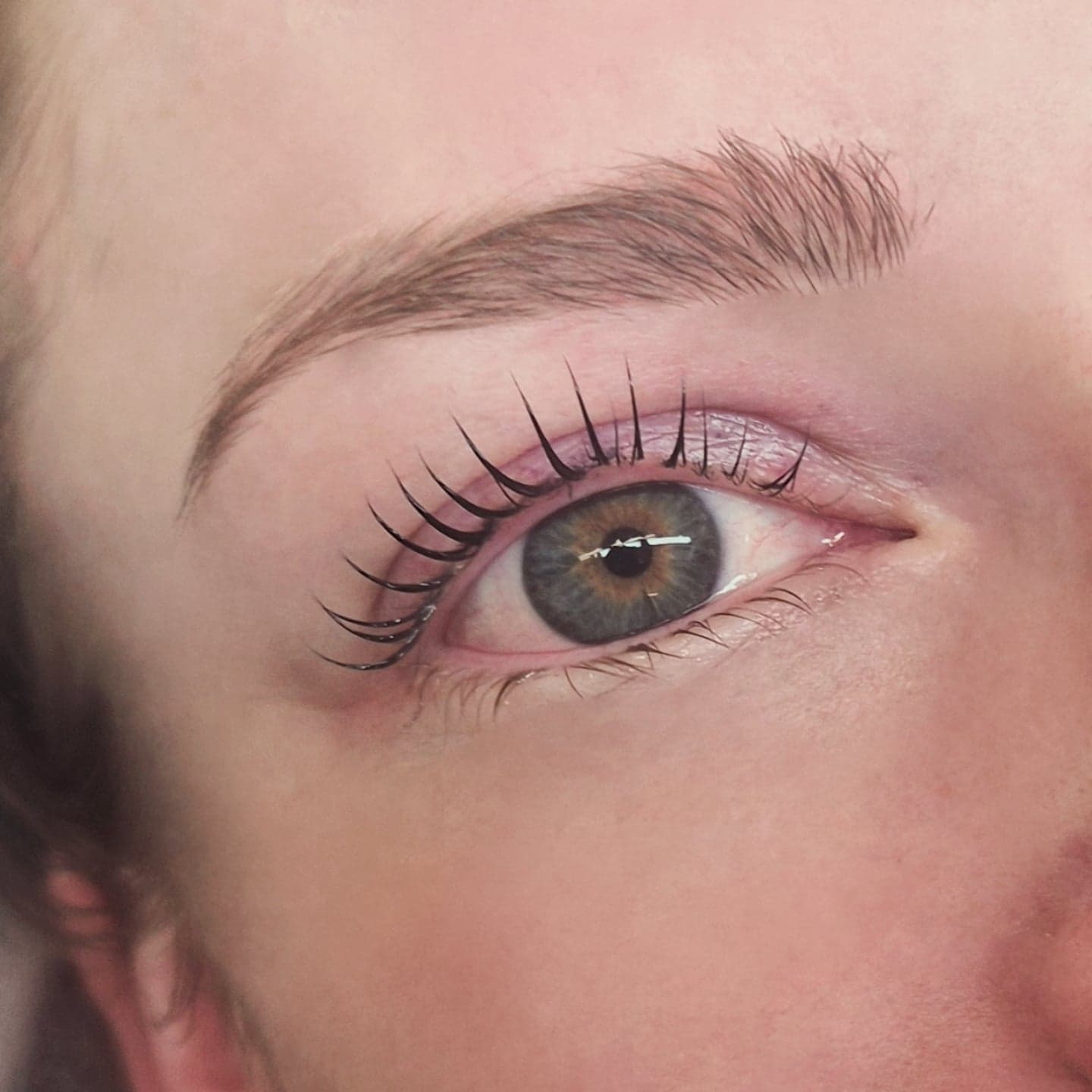 Close up of a natural lash lift on a blue eye by Get Lash and Beauty