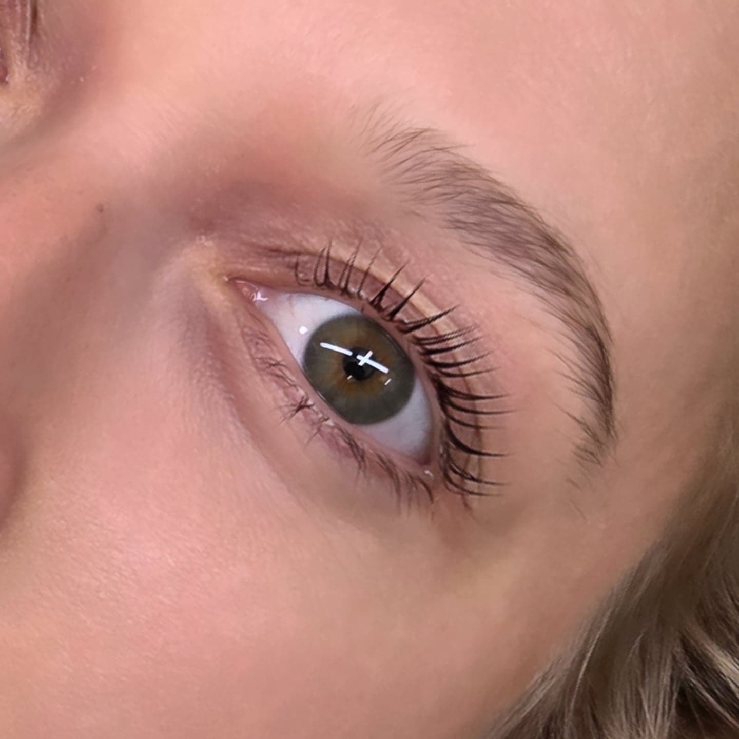 Lash lift on a hazel eye in soft daylight