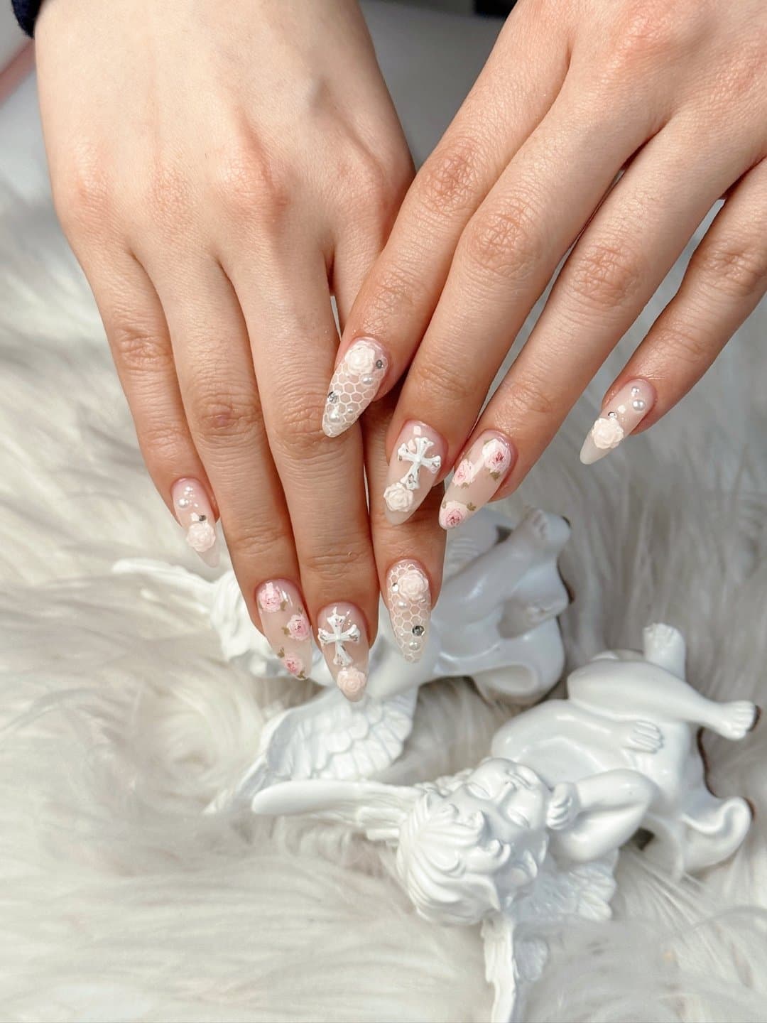 Sheer nails with hand made 3D rose and lace nail art